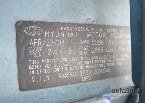 2003 Hyundai Santa Fe Gls/Lx from USA, damaged, VIN KM8SC13E23U524045